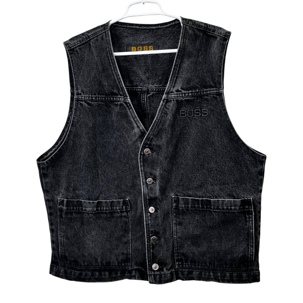 Vintage Boss Jeans Vest XL Men Black Denim USA 90s Western Biker Festival Y2K